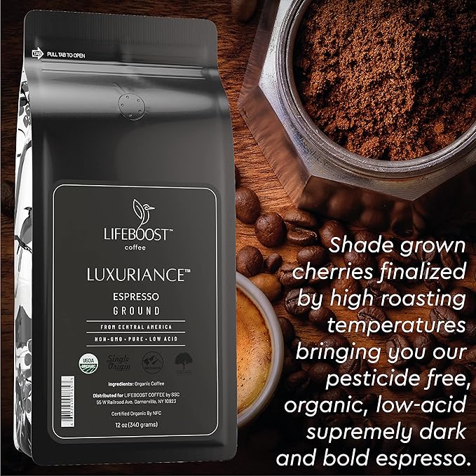 Lifeboost Organic Espresso Ground Coffee - Non-GMO Low Acid Single Origin USDA Shade Grown Organic Espresso Coffee - Third Party Tested For Mycotoxins & Pesticides 12oz Bag