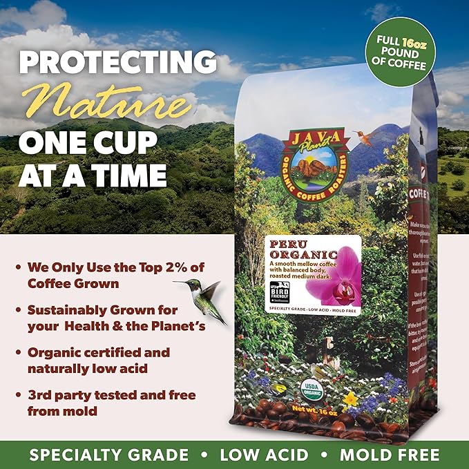 Low Acid Organic Coffee – Whole Bean, Mold-Free & Stomach Friendly by Java Planet, Peruvian Single Origin Coffee, Medium Dark Roast, Smooth Full Flavored, Smithsonian Bird Friendly, 1LB Bag