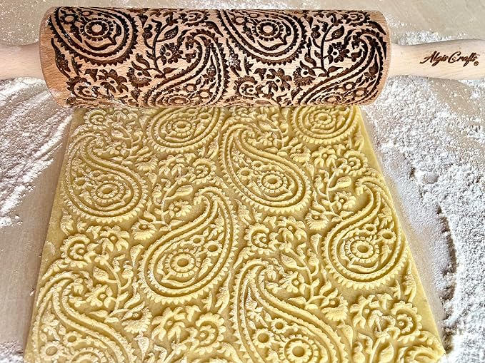 PAISLEY Embossing Rolling Pin with Oriental Pattern. Dough Roller for Embossed Cookies and Pottery by Algis Crafts
