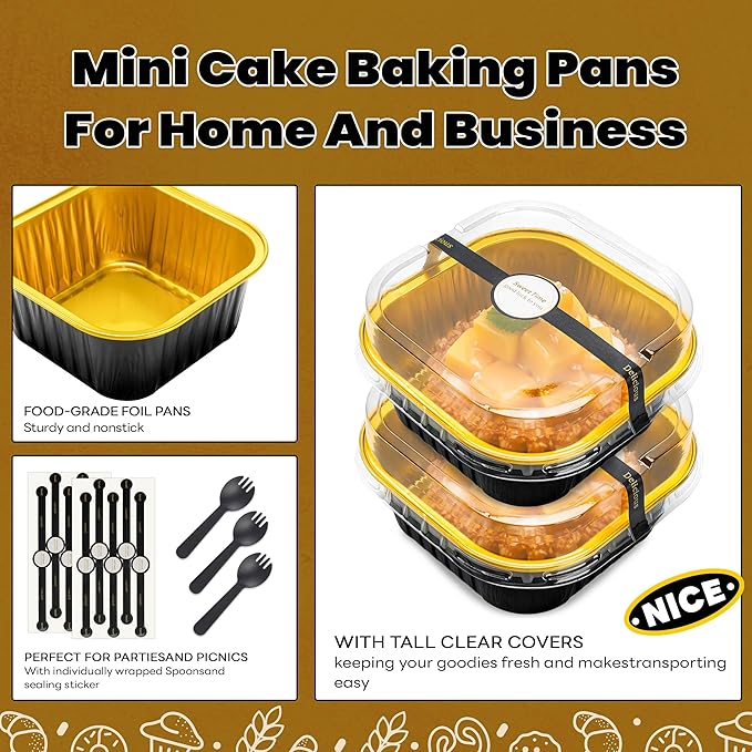 50 Pcs Mini Square Baking Cups with Lids and Spoons Aluminum Foil Mini Cake Pans with Lids Disposable Ramekins Cake Pans Dessert Cups for Wedding Birthday Party(Black Gold,5oz)