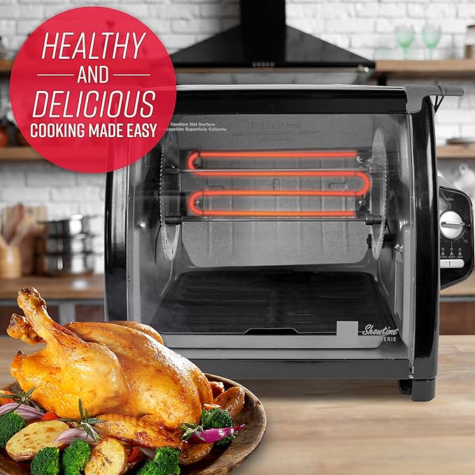 Ronco Showtime Large Capacity Rotisserie & BBQ Oven Modern Edition, Simple Switch Controls, Silicone Door Tie, Auto Shutoff, Includes Multipurpose Basket