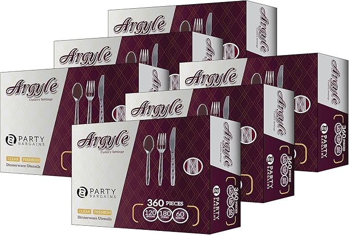 Party Bargains Clear Plastic Cutlery 2160 pcs: 1080 Forks, 720 Spoons, 360 Knives. Argyle Design, Heavy Duty & Solid Disposable Silverware Utensils Combo Pack Set for Weddings, Buffets, Luncheons