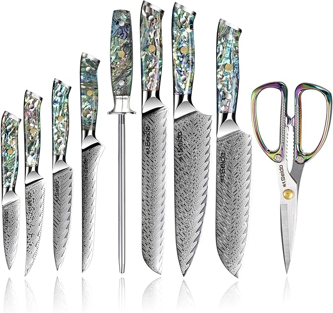 13-Piece Awabi Knife Block Set – Premium VG-10 Damascus Steel Knives with Abalone Shell Resin Handles