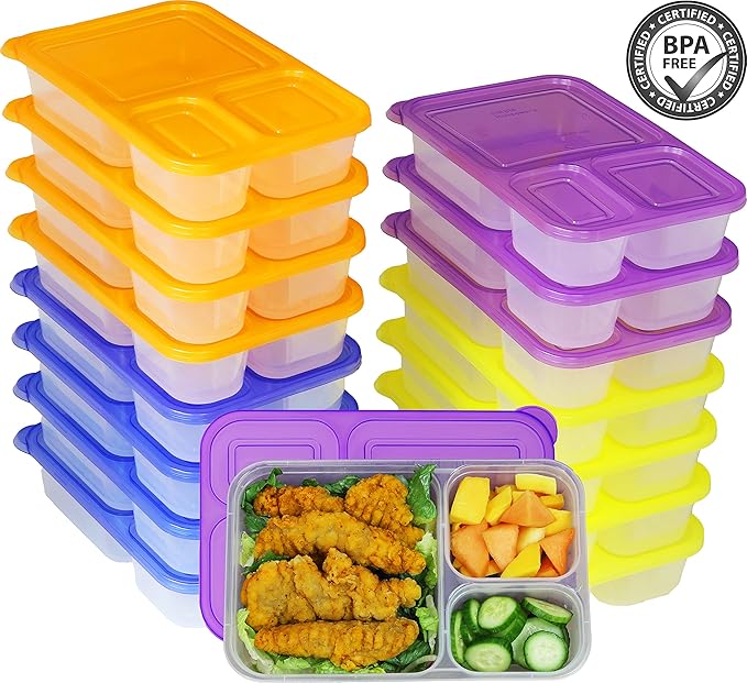 16 Pack - SimpleHouseware 3-Compartment Heavy Duty Bento Lunch Meal Prep Container Boxes, 36 ounces, 4 Color