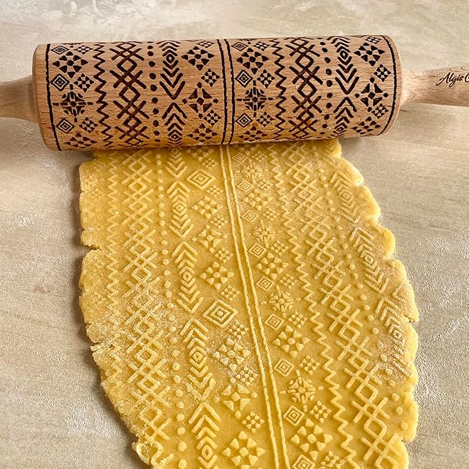 AZTEC Embossed Rolling Pin for Ceramic. Clay Roller and Ceramic Stamp for Embossing Pottery. Baking Gifts for Women by Algis Crafts for Embossed Cookies