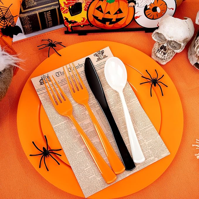 NOCCUR 180PCS Halloween Plastic Silverware Set - Tricolor Flatware Disposable Supplies Include 60 Black Knives, 60 Orange Forks, 60 White Spoons - Ideal for Thanksgiving Party