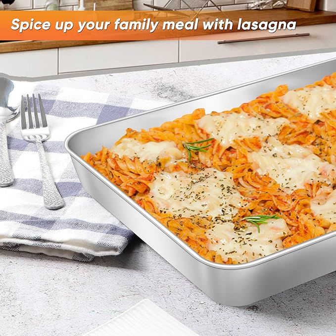 Herogo 10.5" x 8" x 2" Deep Baking Pan Set of 2, Stainless Steel Rectangle Sheet Cake Pan for Lasagna Brownies Casseroles Cakes, Dishwasher Safe & Durable