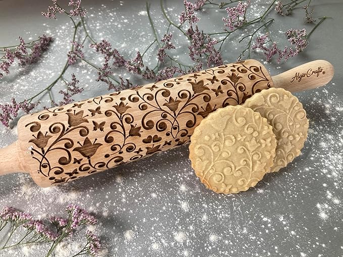 Rolling pin BELLFLOWER. Wooden embossing rolling pin with Oriental flowers. Embossed cookies. Pottery. Birthday gift. Gift for mother