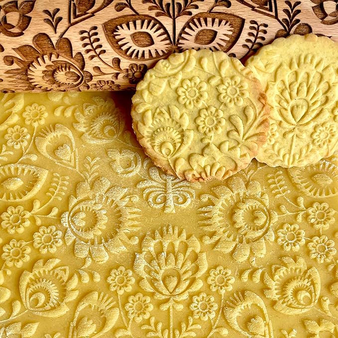 Rolling pin FOLK. Wooden embossing rolling pin with Oriental flowers. Embossed cookies. Pottery. Birthday gift. Gift for mother