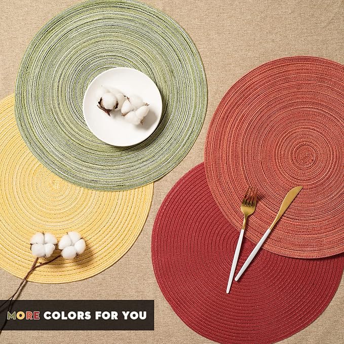FunWheat Round Braided Placemats Set of 6 Place mats for Dining Tables Woven Heat Resistant Table Mats 15 inch (Yellow)