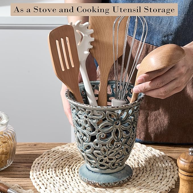 Utensil Holder for Kitchen Counter, Modern Farmhouse Cooking Utensil Holder and Crock Home Kitchen Decor, Ceramic Utensil Organizer for Spatula, Ladle, Eggbeater, Rolling Pin- Grayish Blue, Crackled