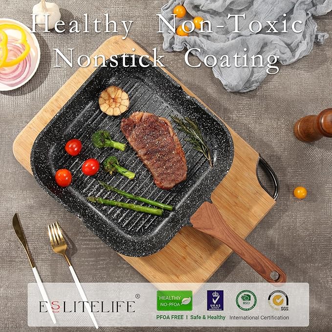 ESLITE LIFE 11 Inch Nonstick Grill Pan with Lid for Indoor Cooking, Versatile Induction Square Large Grilling Skillet Steak Pan for Stove Tops, PTFE & PFOA Free, Black