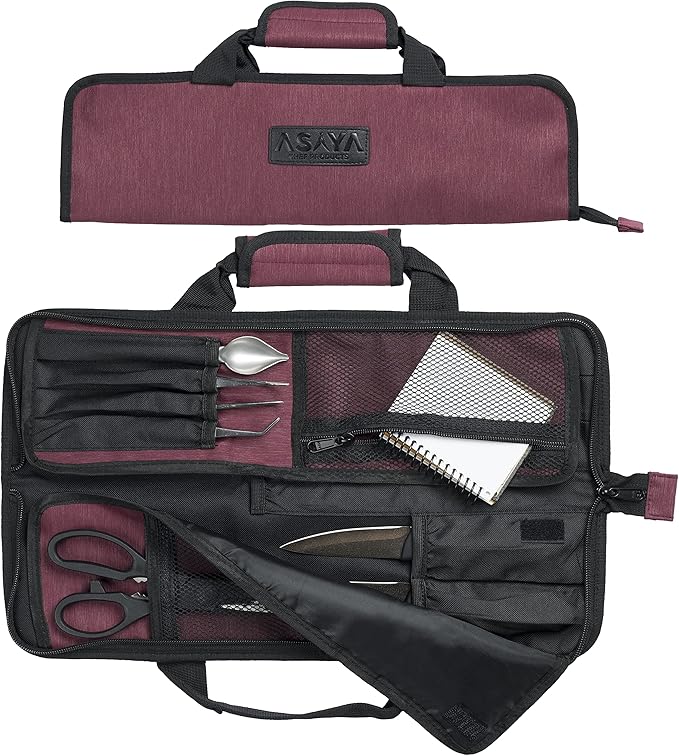 Asaya Chef Knife Roll Bag - 12 Pockets for Knives and Kitchen Utensils - Lightweight, Durable, and Stain Resistant Nylon - Perfect for the Traveling Chef - Knives not Included (Red)