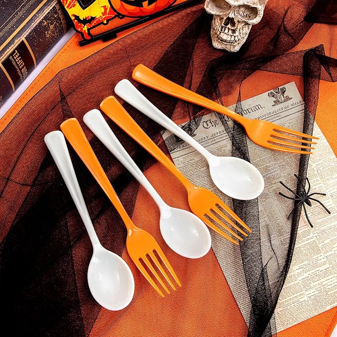 NOCCUR 180PCS Halloween Plastic Silverware Set - Tricolor Flatware Disposable Supplies Include 60 Black Knives, 60 Orange Forks, 60 White Spoons - Ideal for Thanksgiving Party