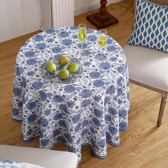 patdrea Designer Linen Blue Small Tablecloth for Round Table,Vintage Durable Paisley Pattern Table Cloth,Floral Cover Fall Decor for Kitchen Dining Christmas,Thanksgiving,Diameter 55"-Lantang a