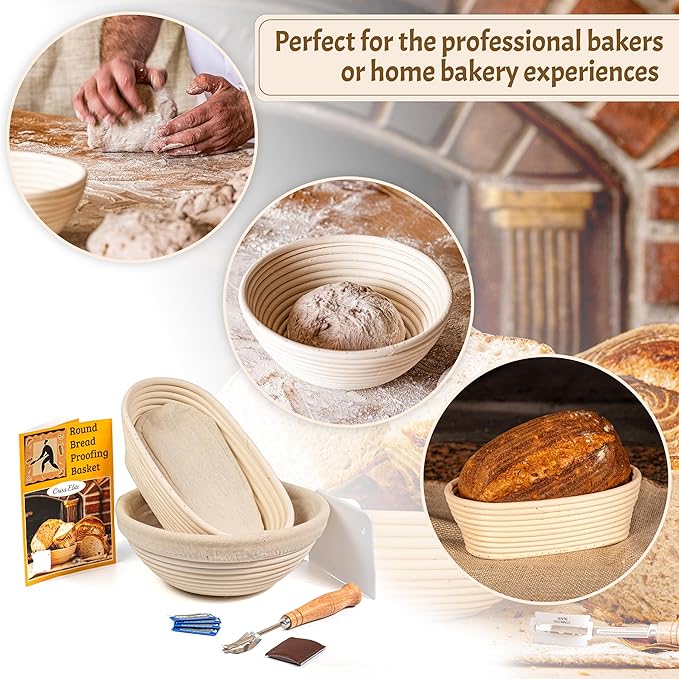 Sourdough Bread Baking Supplies Starter Kit, Banneton Proofing Basket 9'' Round and 10” Oval, Sourdough Starter Jar, Scraper, Scoring Lame, Brush, Short Danish Whisk, Gift Set