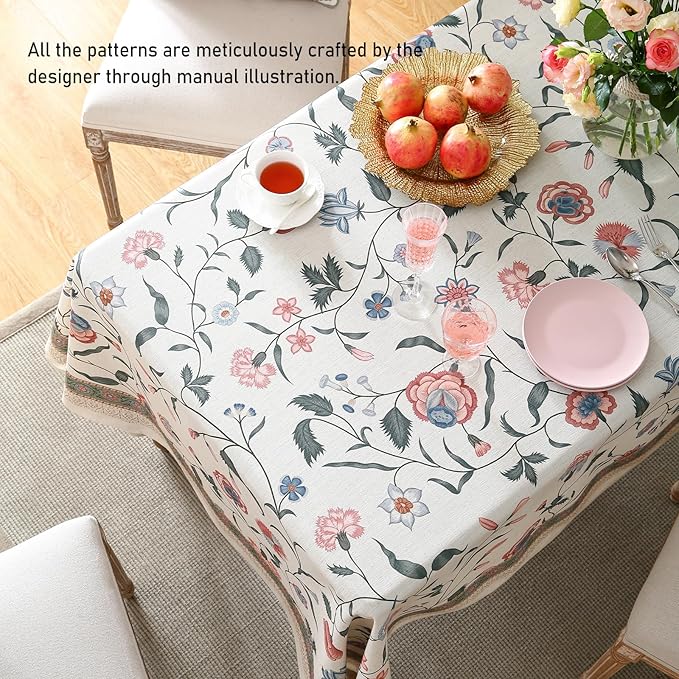 ISAENNE Designer Chinoiserie Linen Floral Table Cloth for Rectangle Table,White Wrinkle Resistant Tablecloth,Elegant Decor Tablecloths for Dining Thanksgiving Kitchen Party,55"*79"-Daffy