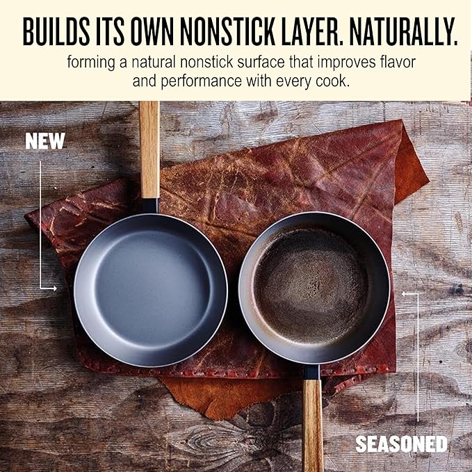 Alva Forest 9.5" Carbon Steel Frying Pan – Naturally Nonstick, Pre-Seasoned, with Acacia Wood Handle, Made Without PTFE, PFOA, PFAS – Sustainable Belgian Design, Induction & All-Stovetop Safe