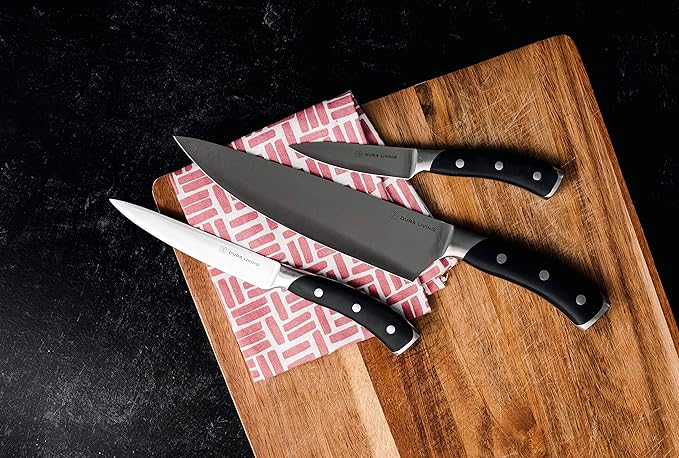 DURA LIVING 3-Piece Kitchen Knife Set – Ultra-Sharp German Stainless Steel, 8” Chef, 5” Utility, and 3.5” Paring Knives with Ergonomic Handles, Multipurpose Kitchen Knife Set, Black