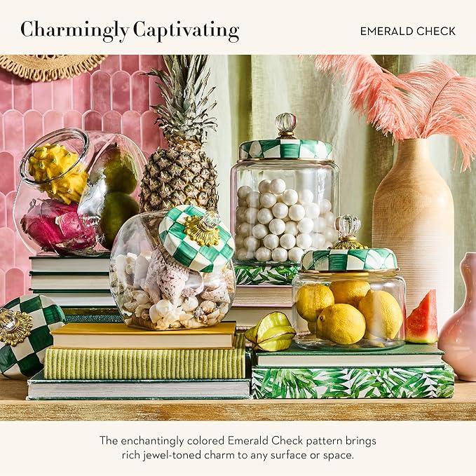 MACKENZIE-CHILDS Large Kitchen Canister, Decorative Glass Storage Jar with Lid, Green-and-White Emerald Check