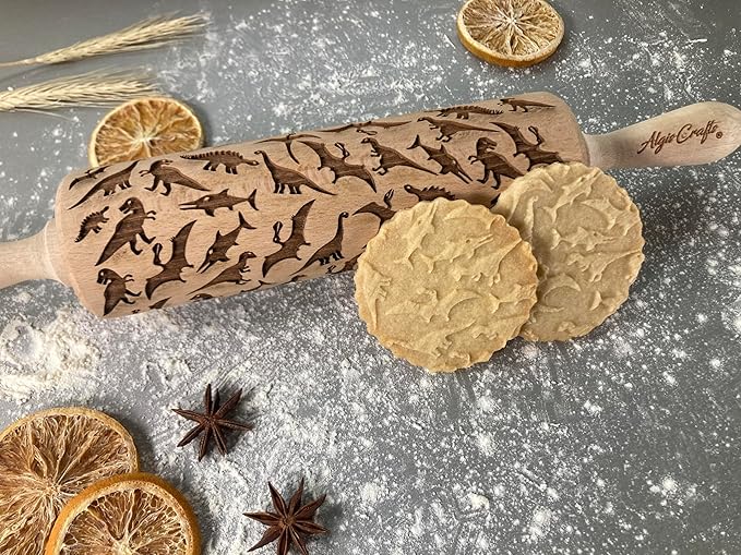 DINOSAURS EMBOSSING ROLLING PIN ENGRAVED with DINOSAURS for EMBOSSED COOKIES JURASSIC ANIMALS TYRANNOSAURUS REX