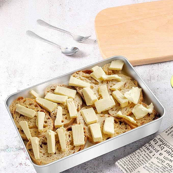 Herogo 10.5" x 8" x 2" Deep Baking Pan Set of 2, Stainless Steel Rectangle Sheet Cake Pan for Lasagna Brownies Casseroles Cakes, Dishwasher Safe & Durable