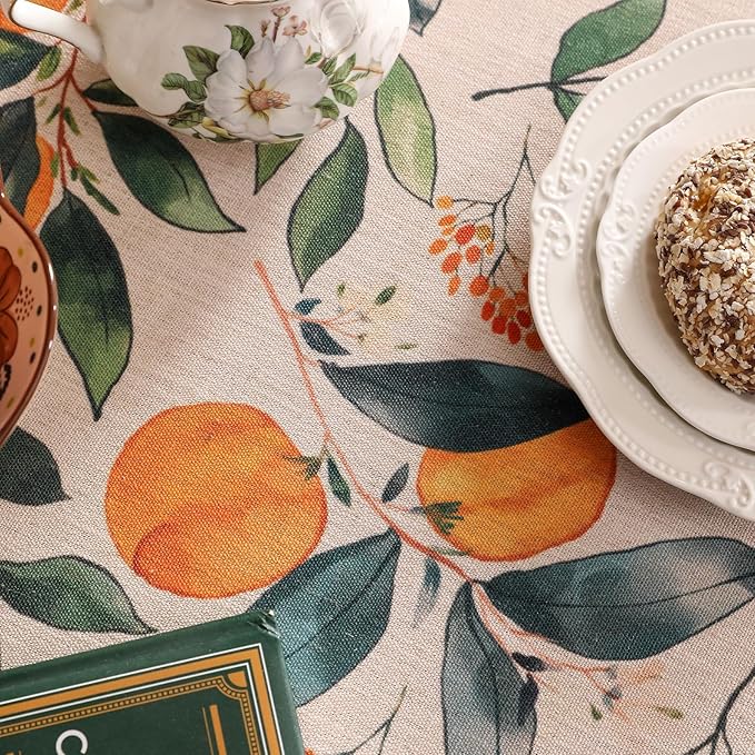 patdrea Designer Vintage Linen Long Rectangle Table Cloth,Framhouse Oranges and Leaves Pattern French Tablecloth,Fall Decor Cover for Kitchen Dining Christmas,Thanksgiving,63"x102"-Palladin a
