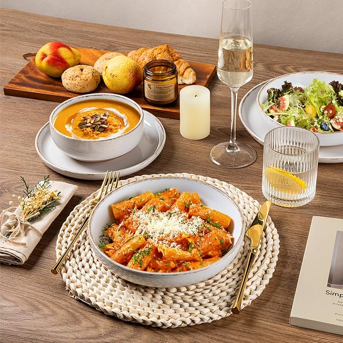 AmorArc Ceramic Dinnerware Sets for 4, 12 Pieces Handpainted Plates and Bowls Set with Rustic Terracotta Underside, Scratch Resistant Stoneware Dishes Set, Dishwasher & Microwave Safe, White