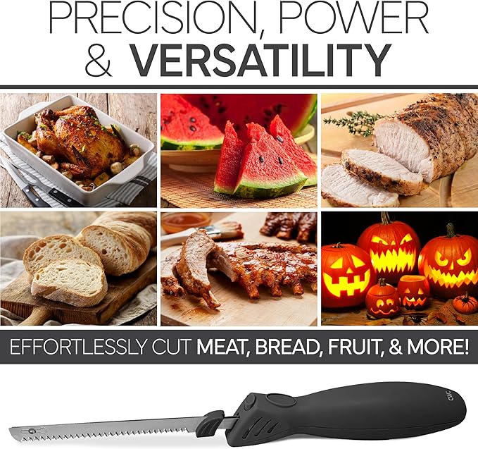 COOK WITH COLOR Electric Knife, 100W Power, Dual Stainless Steel Blades for Precise Cutting, Ergonomic Handle, Low Noise and Vibration, Ideal for Bread, Meat, and Vegetables, Black