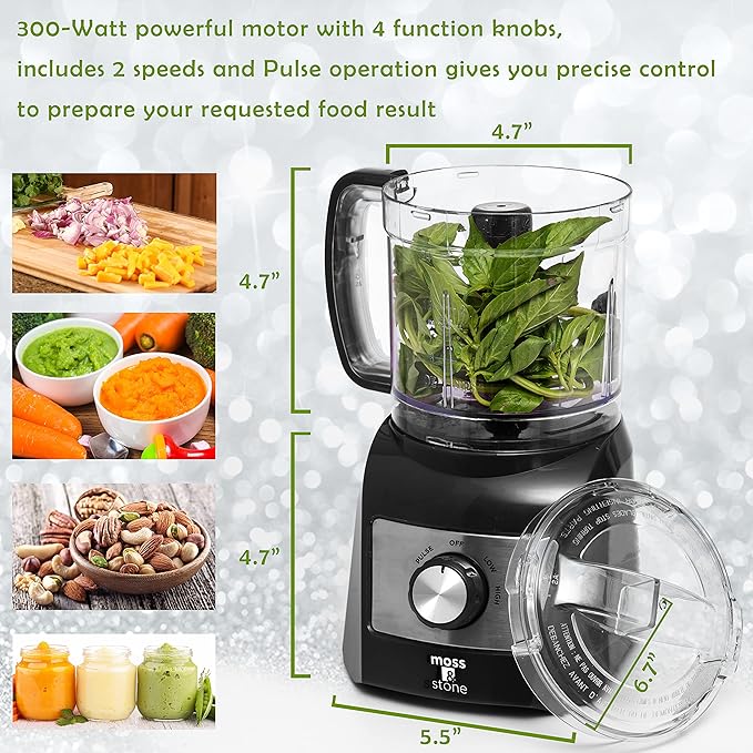 Moss & Stone 3 Cup Mini Food Processor, Strong Vegetable Chopper for Dicing, Chopping, Mincing, & Puree 300 Watts Mini Chopper With 2 Speeds, Perfect Baby Food Processor Black