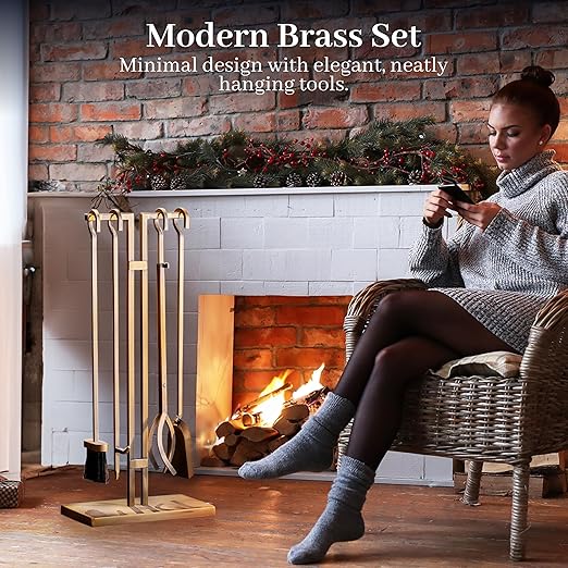 2WAYZ FLAMELY 5-Piece Fireplace Tools Set - Includes Fire Poker, Shovel, Brush, Tongs, Stand - Heavy-Duty Fireplace Accessories and Fire Tools for Indoor or Outdoor Use