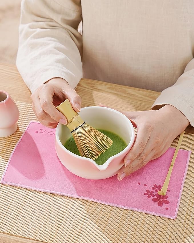 ZENS Pink Matcha Set, 6pcs Matcha Kit Includes Ceramic Bowl, Handcrafted Bamboo Whisk and Chasen Holder, Scoop, 304 Sifter & Tea Mat, Matcha Whisk Set Gift for Matcha Lovers