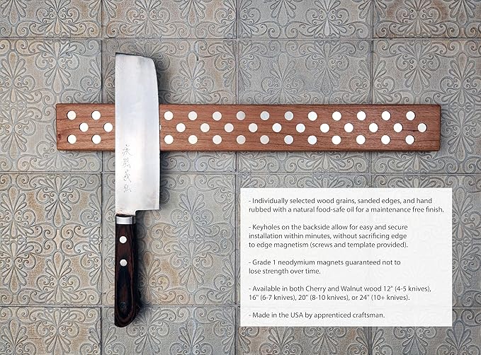 Magnetic Wooden Knife Bar Holder Strip, Cherry or Walnut, 12, 16, 20, or 24 Inch (20 Inch, Cherry)