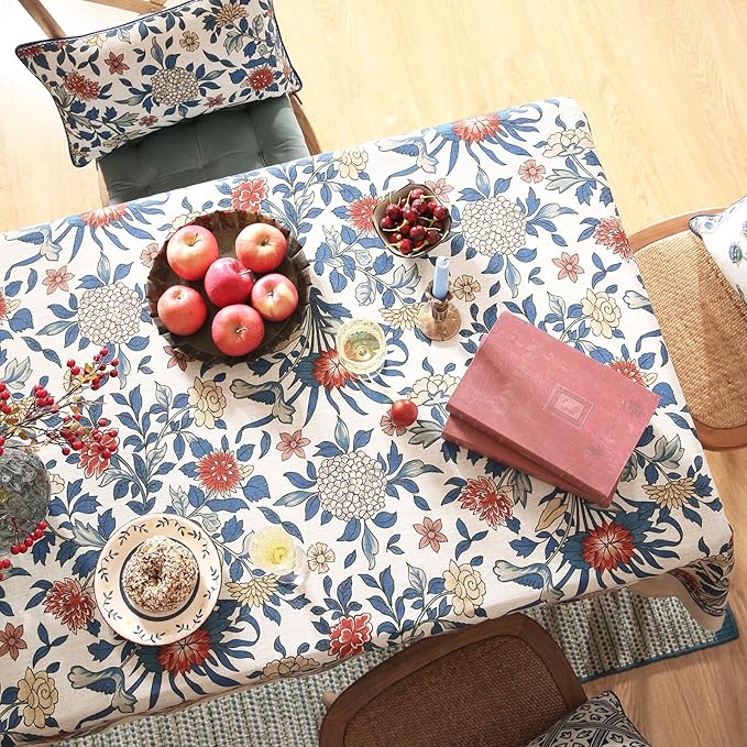 patdrea Designer Blue Tablecloth for Rectangle Table,Vintage Linen with Leaves and Floral Pattern Long Table Cloth,Farmhouse Decor Cover for Kitchen Dining Christmas,Thanksgiving,63"x94"-Ivar a