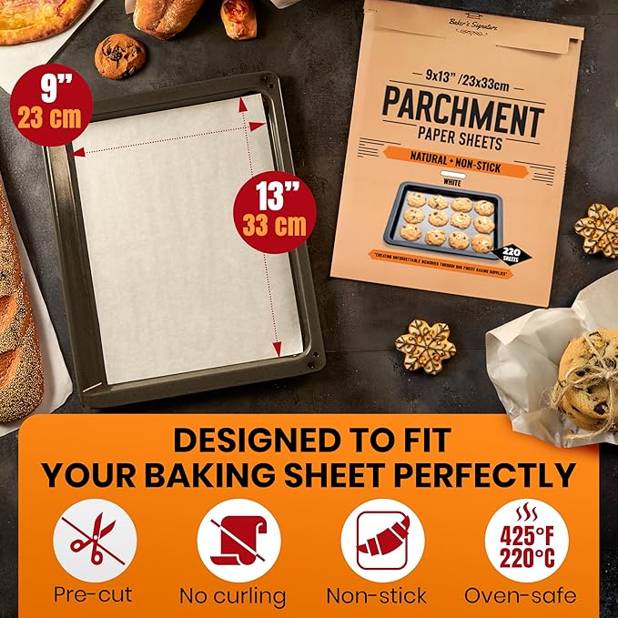 220 Pcs 9x13 Inch Parchment Paper Sheets by Baker's Signature | Parchment Baking Paper, Parchment Paper - Perfect for Baking, Precut Non-Stick Sheets, Eco-Friendly, Will Not Curl or Burn
