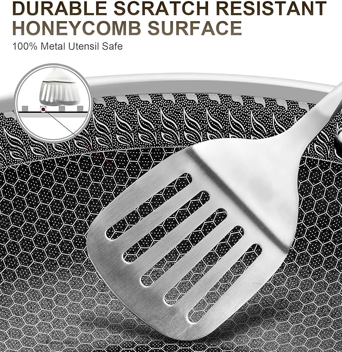 MICHELNAGELO Nonstick Frying Pans Set, Stainless Steel Frying Pan with Lid, 10 & 12 Inch Stainless Steel Pans with Honeycomb Coating, Large Frying Pan, Nonstick Skillet Induction Compatible