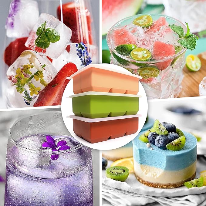Silicone Ice Cube Trays 3 Pack - Large Size Silicone Ice Cube Molds with Leak Proof Removable Lid Square Ice Cube Tray And BPA Free for Cocktail,Whiskey, Stackable Flexible Ice