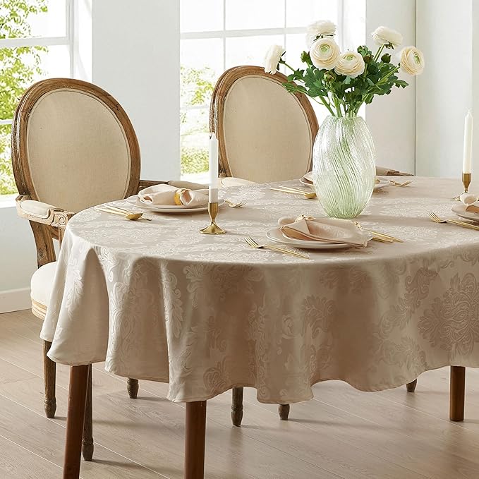 Newbridge Barcelona Luxury Damask Fabric Tablecloth, 60” Wide x 102” Oval, Golden Beige, 100% Polyester, No Iron, Soil Resistant Dining Room, Party and Banquet Table Cover