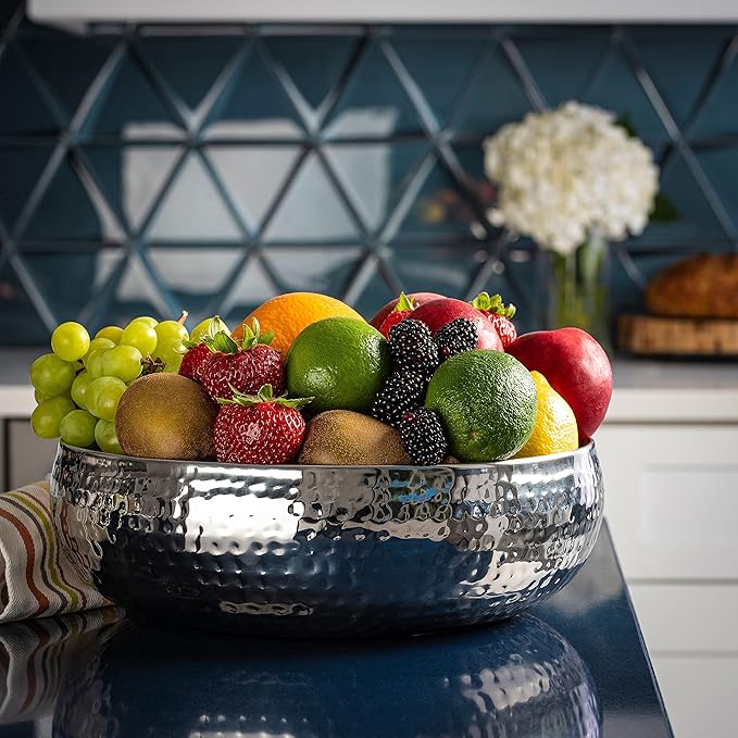Salad Bowl and Serving Utensils - Hammered Detailing - Stainless Steel Mixing Bowls with Lids- Luxurious Serving Bowls (12" Hammered Salad Bowl)