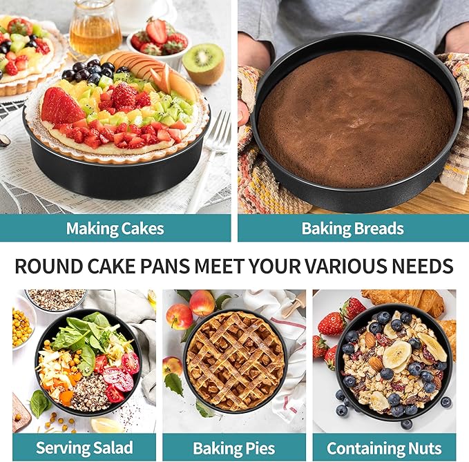 P&P CHEF 4/6/ 8 Inch Cake Pan Set of 3, Non-Stick Round Cake Pans Tins for Tier Smash Cakes, Baking Pans Set & Essential Bakeware, Stainless Steel Core & Leak-Proof