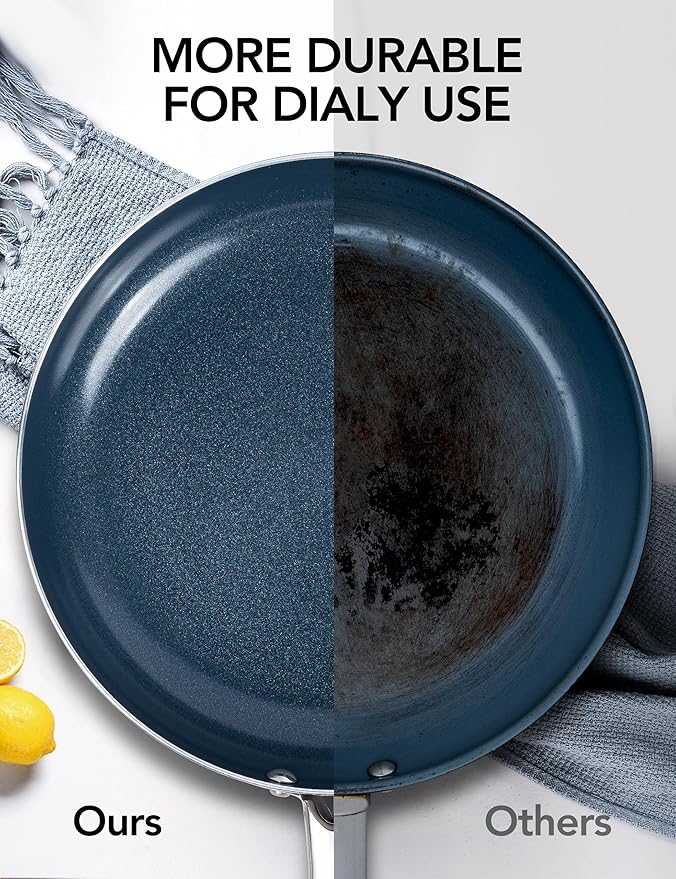 MICHELANGELO Large Frying Pan with Lid, 14 Inch Blue Frying Pan with Nonstick Diamond Infused Coating, Nonstick Frying Pans, Ceramic Fry Pan, Non-Toxic