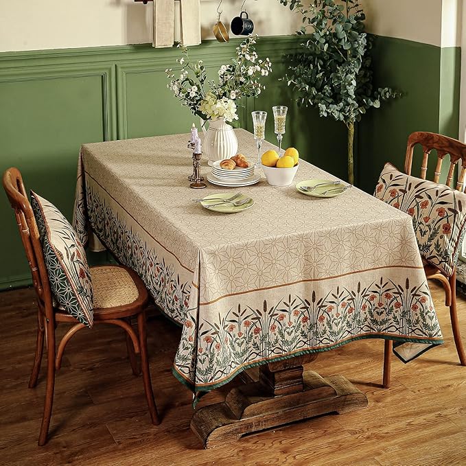 patdrea Designer French Light Brown Rectangular Table Cloth,Linen Floral Durable Breathable Extra Long Tablecloth,Decor for Kitchen Dining,Parties,Party,Christmas,Thanksgiving,63"x110"-Cudillero