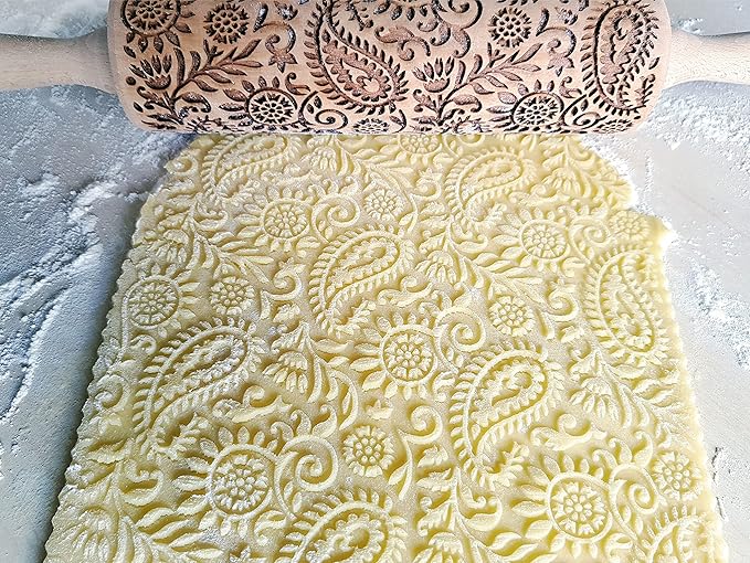 INDIAN embossing rolling pin with Indian Paisley Pattern. Dough roller for embossed cookies and Pottery by Algis Crafts
