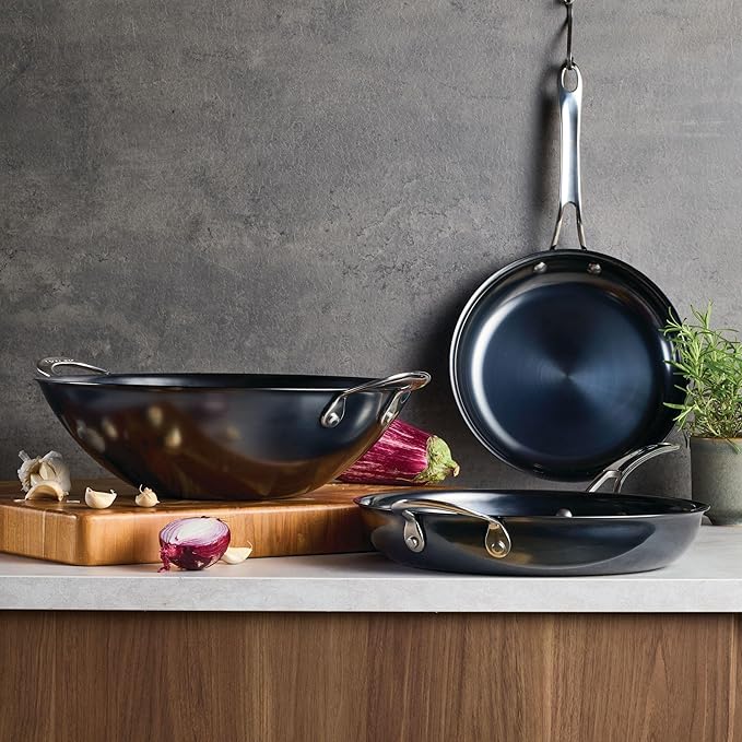Anolon Everlast N2 Carbon Steel Frying Pan/Skillet with Helper Handle, Compatible with All Cooktops, Metal Utensil Safe, 10 Inch Open Fry Pan - Black