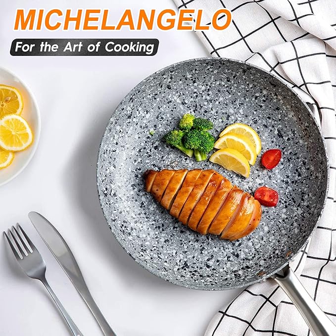MICHELANGELO 10 Inch Frying Pan with Lid, Nonstick Frying Pan with Non Toxic Granite Coating, 10 Inch Stone Skillet, Non Stick Frying Pans for Cooking, Induction Compatible