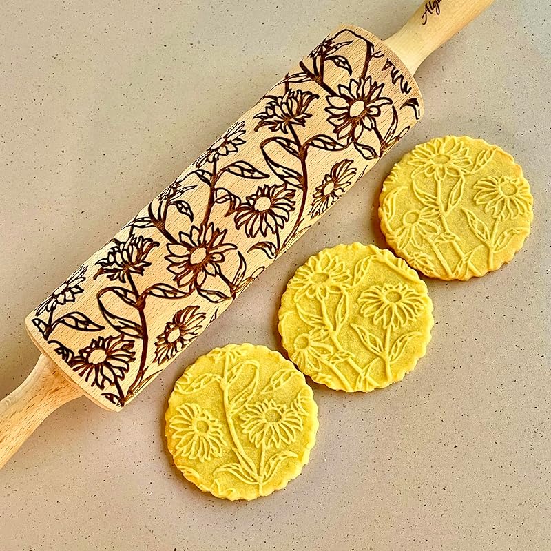 GOLDEN DAISIES Embossing Rolling Pin with Ornamental Bloom Pattern – Dough and Clay Roller for Embossed Cookies and Pottery - Cookie and Ceramic Stamp - Baking Gifts for Women by Algis Crafts