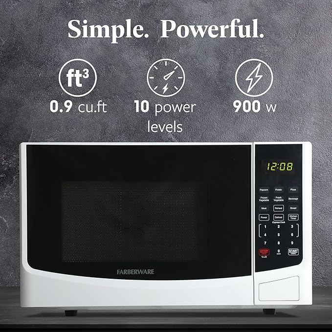 Farberware 0.9 Cu. Ft. Countertop Microwave Oven – 900W Power, Auto Cook Settings, Defrost, and Safety Lock – White