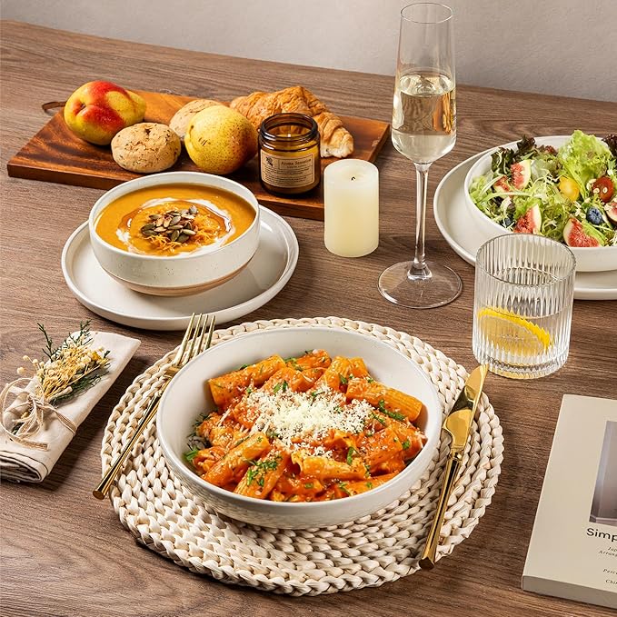 AmorArc Ceramic Dinnerware Sets with Pasta Bowls for 8, Handpainted Plates and Bowls Set with Rustic Terracotta Underside, Scratch Resistant Dishes Set, Dishwasher & Microwave Safe, 32 Pcs