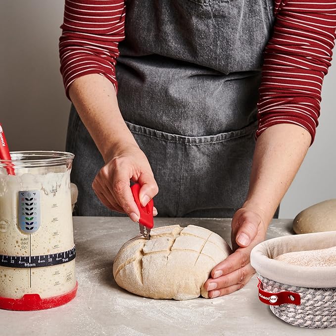 KneadAce Sourdough Starter Kit (PRO 34oz Jar, 2xRound Baskets, Red Bread Lame)