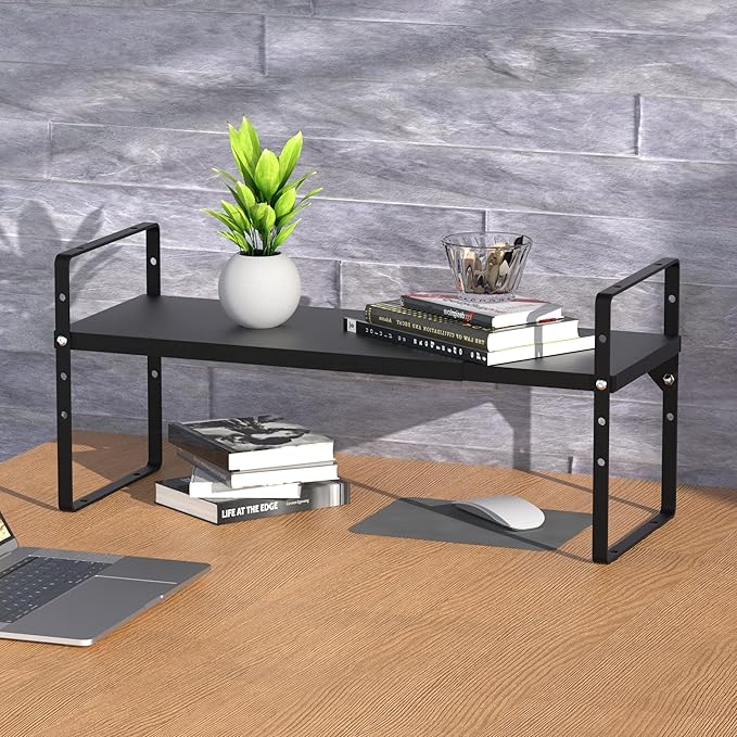 Expandable Kitchen Cabinet Shelf Organizers 3 Pack, Stackable Metal Pantry Storage Shelves Rack, Adjustable Counter Shelf for Cabinets, Countertop, Cupboard Organizers and Storage, Black